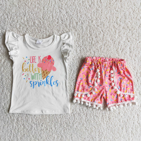 Life is better with sprinkles shirt ice cream pom pom shorts set