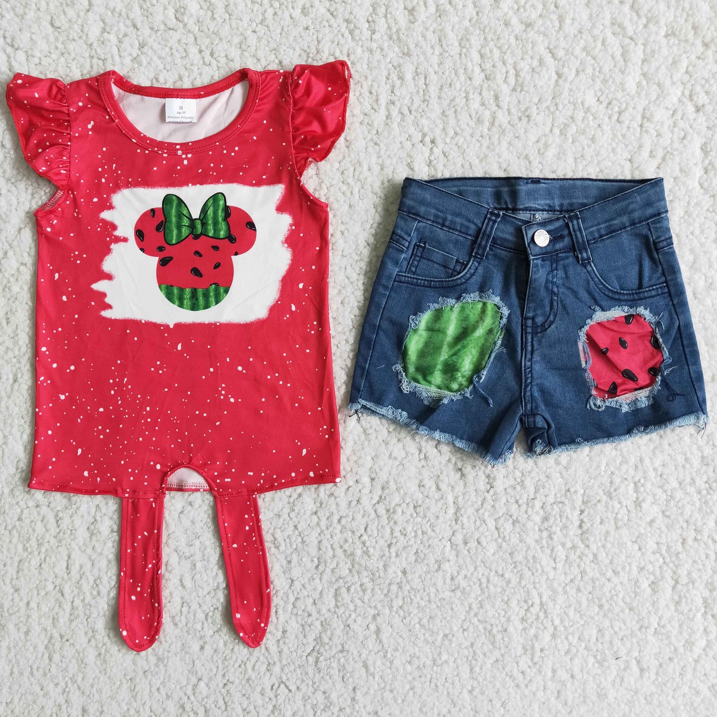 Watermelon screen print denim shorts girls clothing set