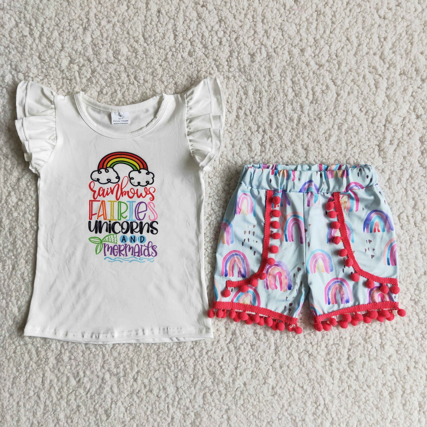 Rainbows print pom pom shorts girls summer clothing