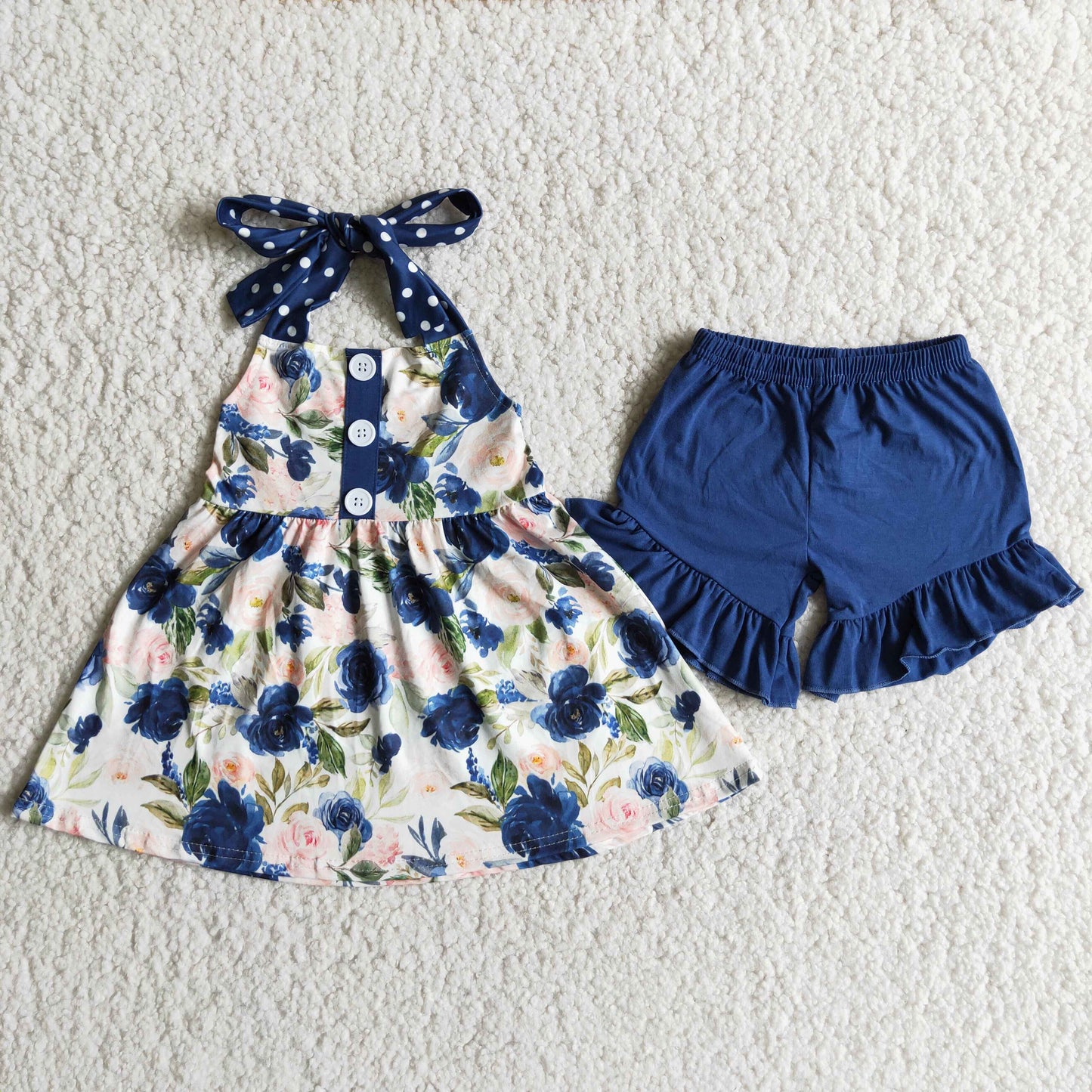 Blue floral backless tunic ruffle shorts girls outfits