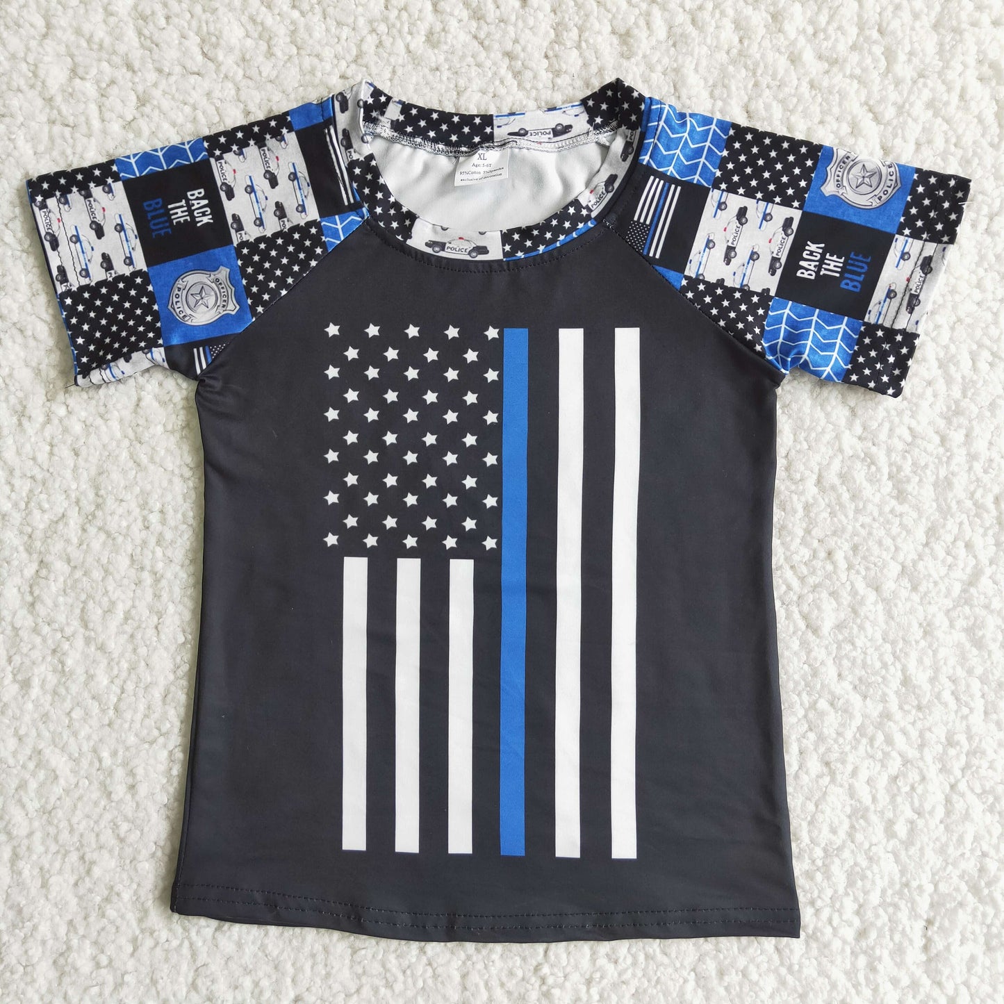 Flag print short sleeve blue line boy summer shirt