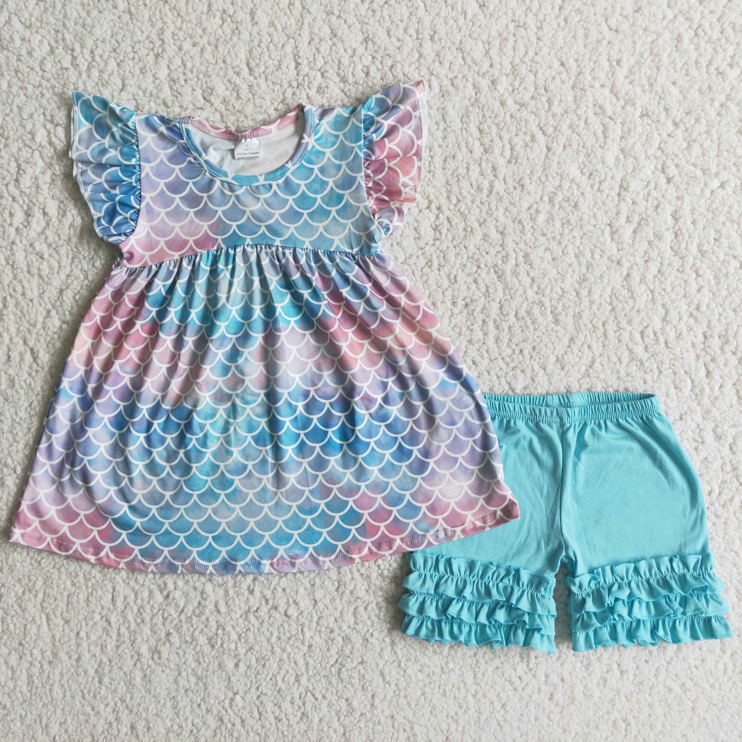 Mermaid scale flutter sleeve shorts outfits