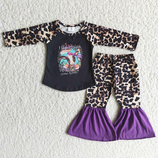 Cow screen print leopard pants kids clothing set