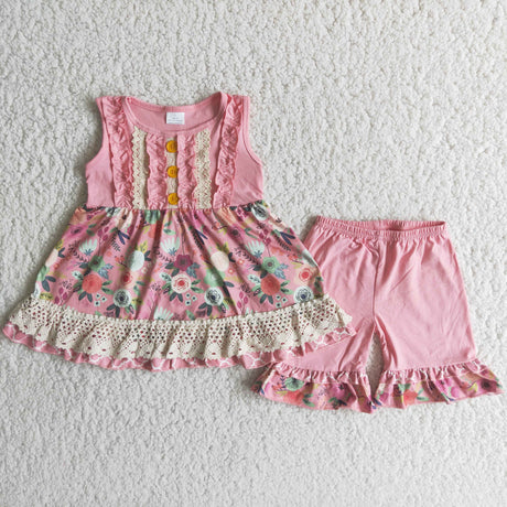 Pink floral tunic ruffle shorts girls clothing set
