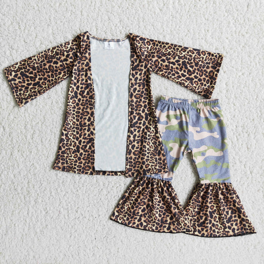 Leopard cardigan camo bell bottom pants kids clothes