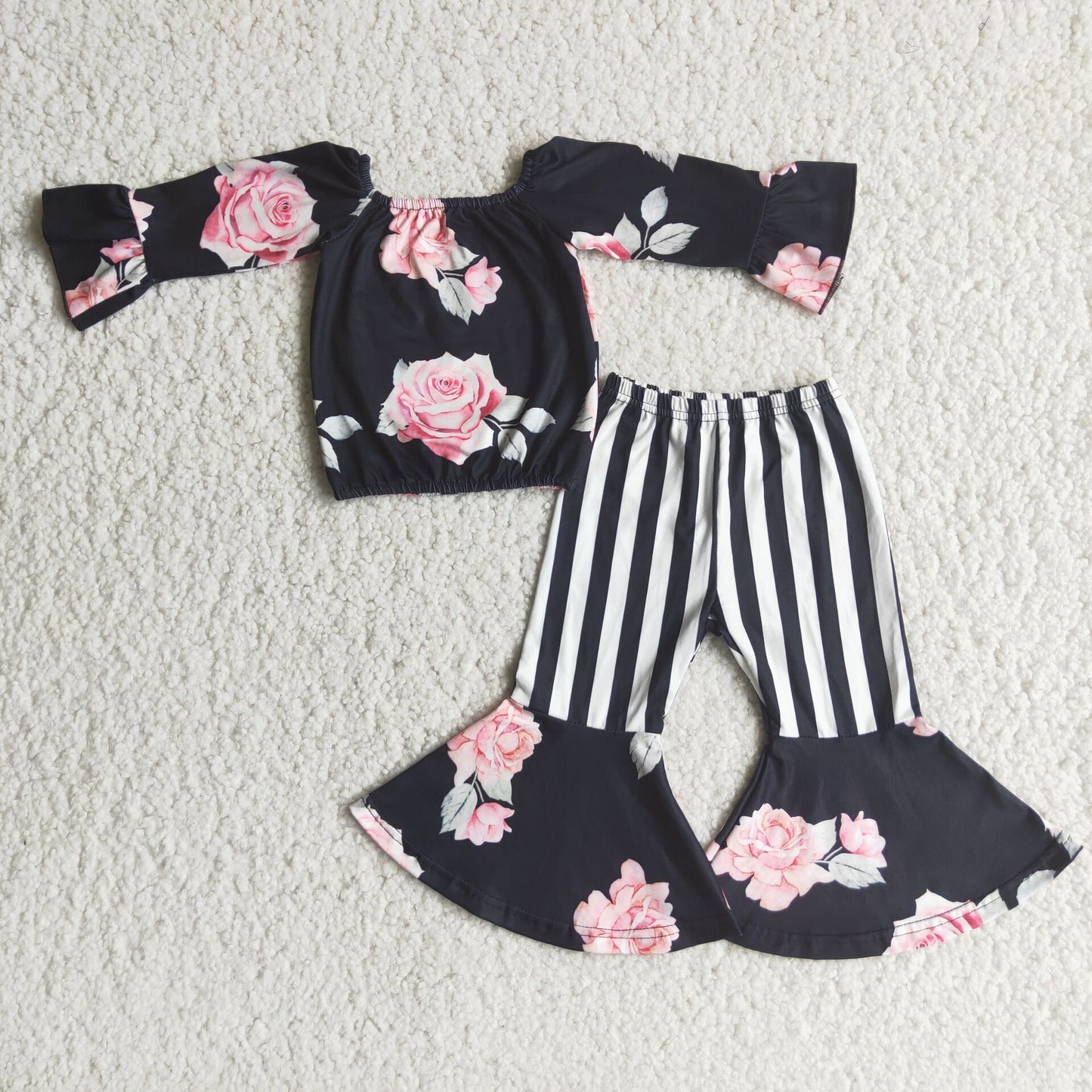 Black floral top match bell bottom pants kids clothes