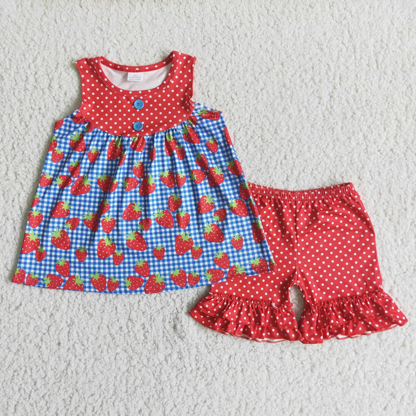 Strawberry sleeveless shirt polka dots shorts girls summer clothing