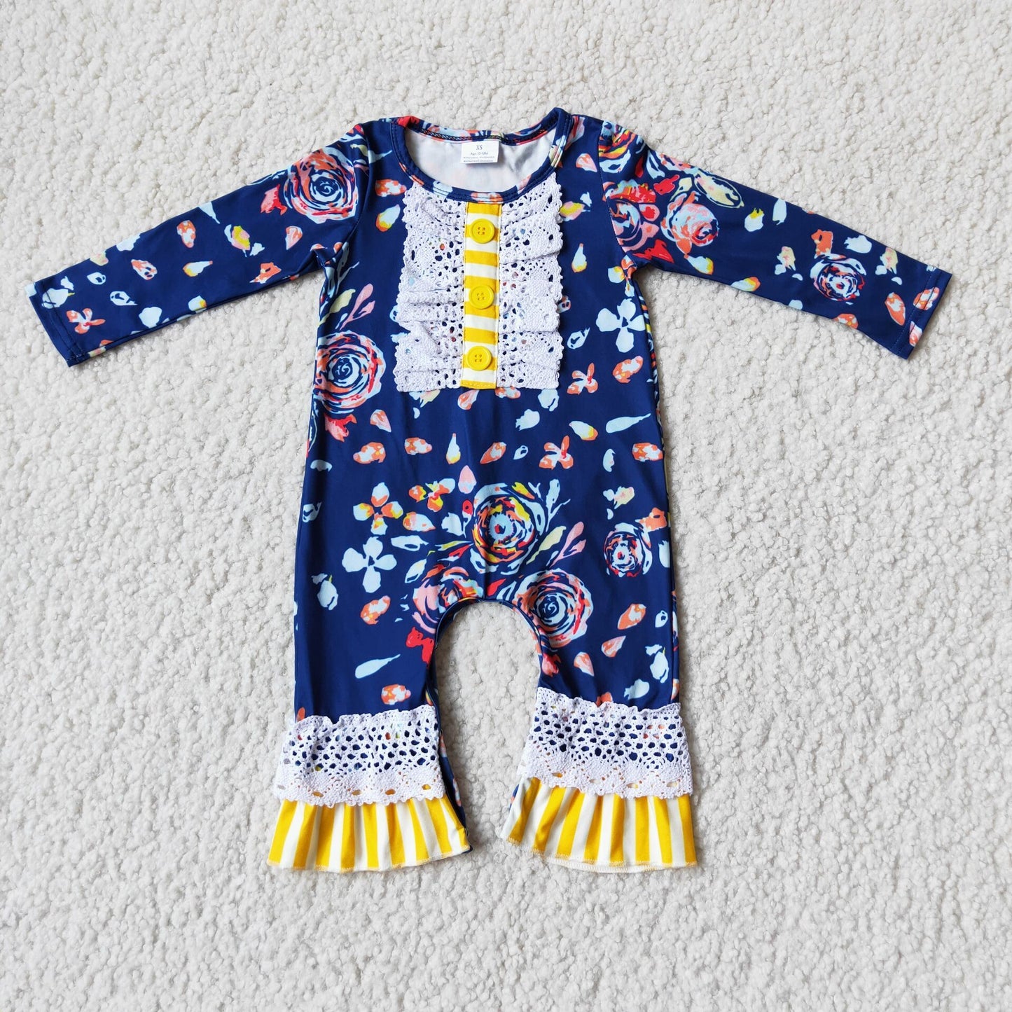 Floral stripe cotton lace baby fall romper