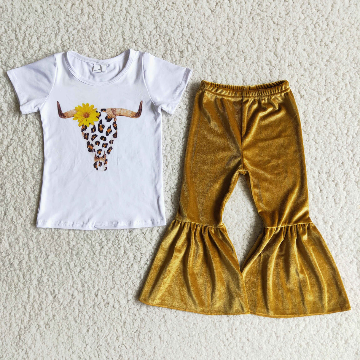 Cow print shirt velvet bell bottom pants girls outfits