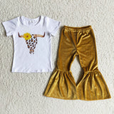 Cow print shirt velvet bell bottom pants girls outfits