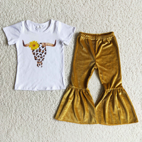 Cow print shirt velvet bell bottom pants girls outfits