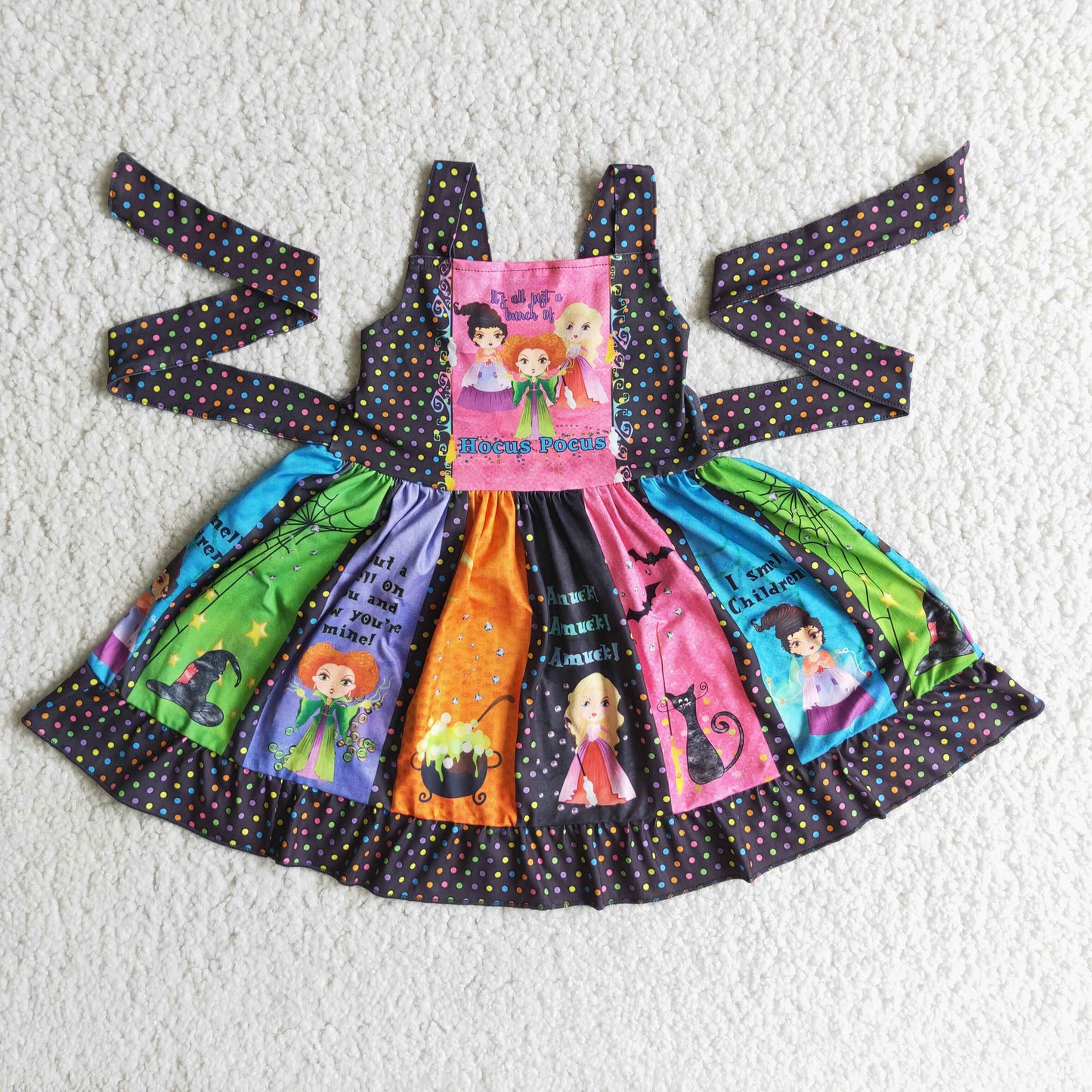 Black polka dots witch panel girls twirl dresses