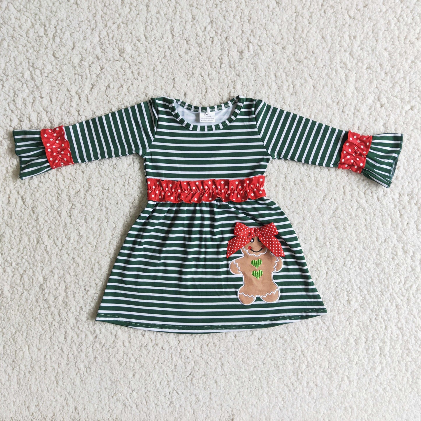 Gingerbread embroidery green stripe long sleeve Christmas dress