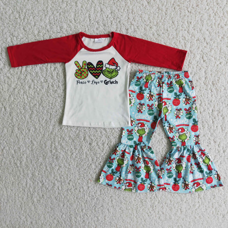 Peace love green face shirt bell bottom pants girls Christmas clothing