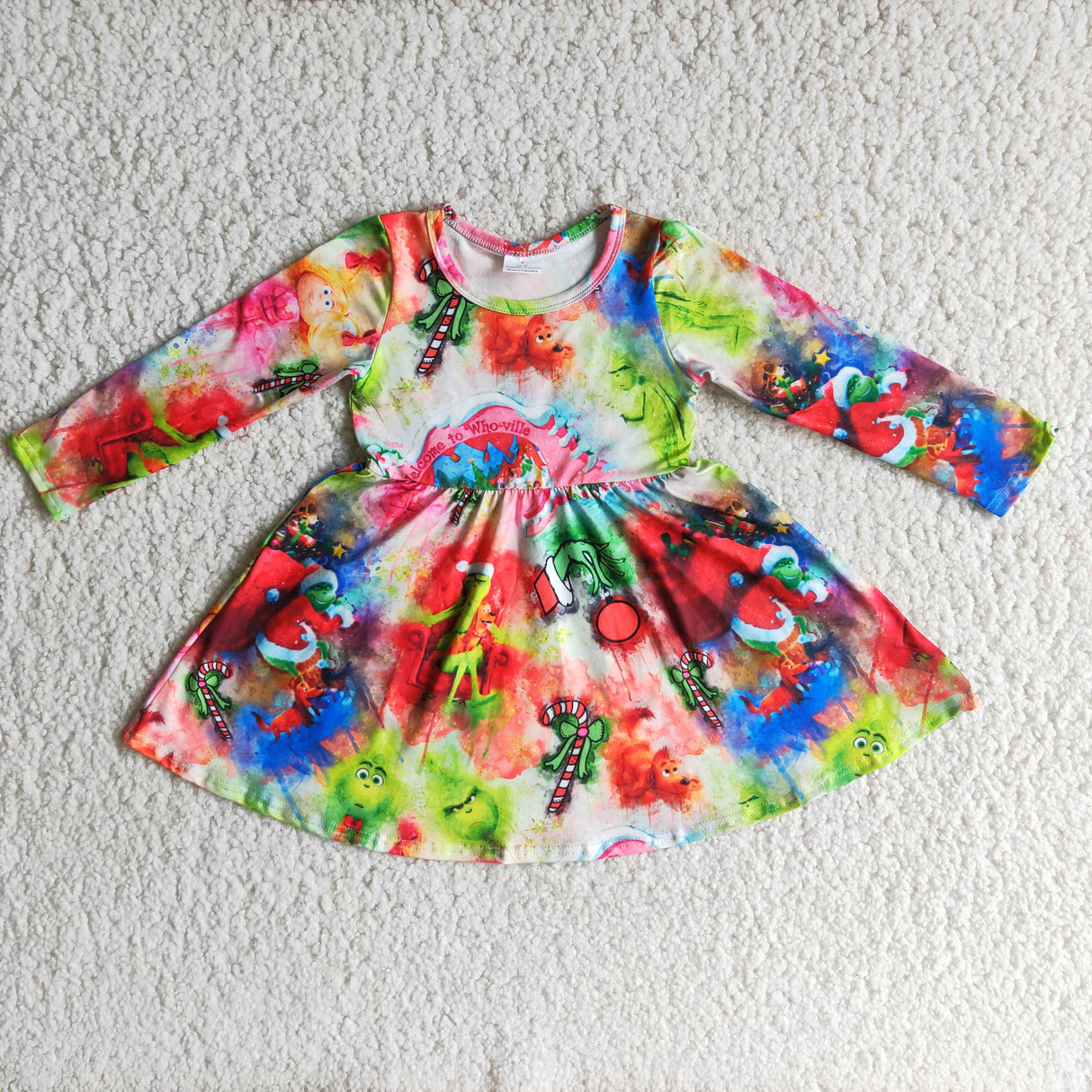 Cute green face print long sleeve twirl Christmas dresses