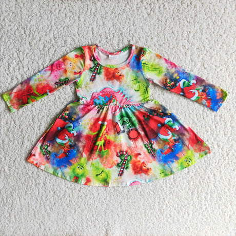 Cute green face print long sleeve twirl Christmas dresses