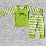 Green face screen print shirt stripe boy Christmas pajamas