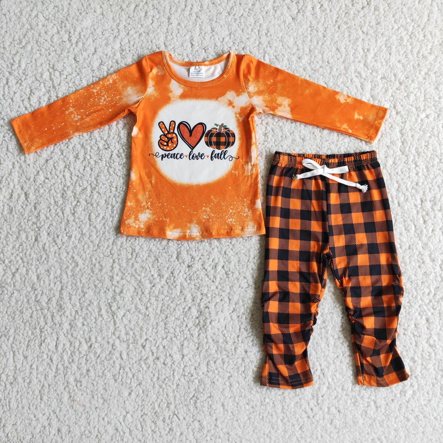 peace love fall pumpkin shirt plaid pants jogger set