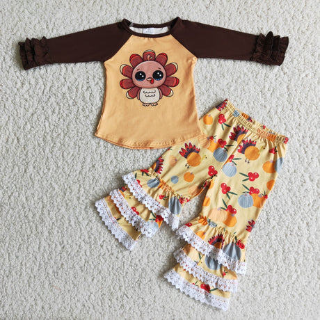 Turkey print shirt lace triple ruffle pants thanksgiving outfits