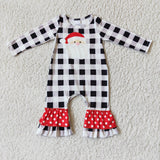 Plaid Santa screen print long sleeve girl Christmas romper