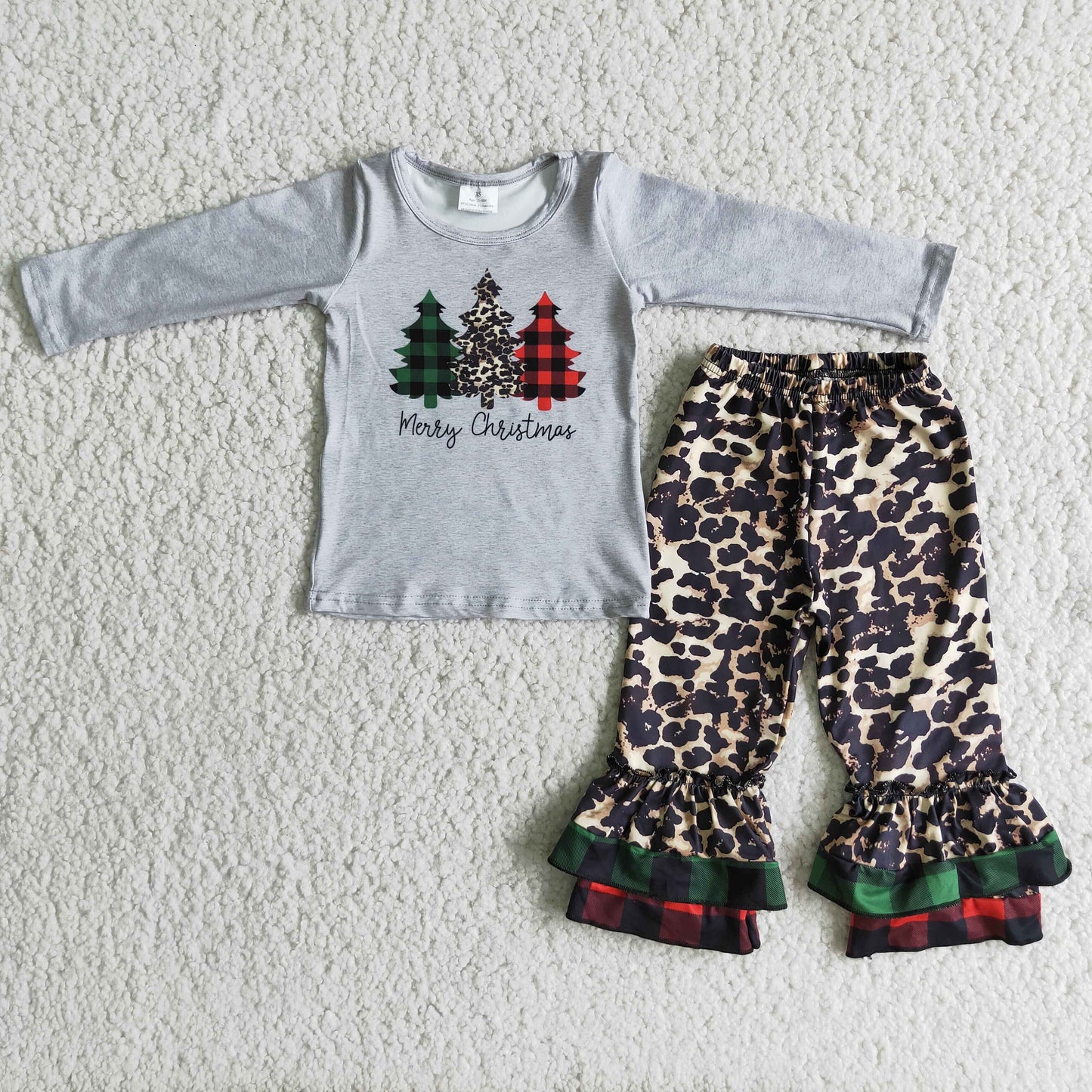 Merry Christmas tree print shirt leopard pants girls outfits