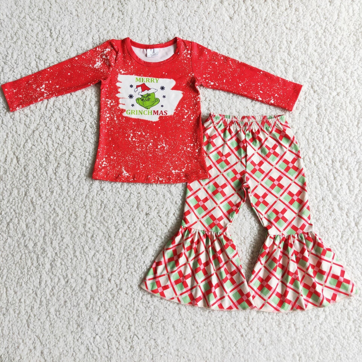 Merry Christmas green face shirt plaid pants girls clothing set