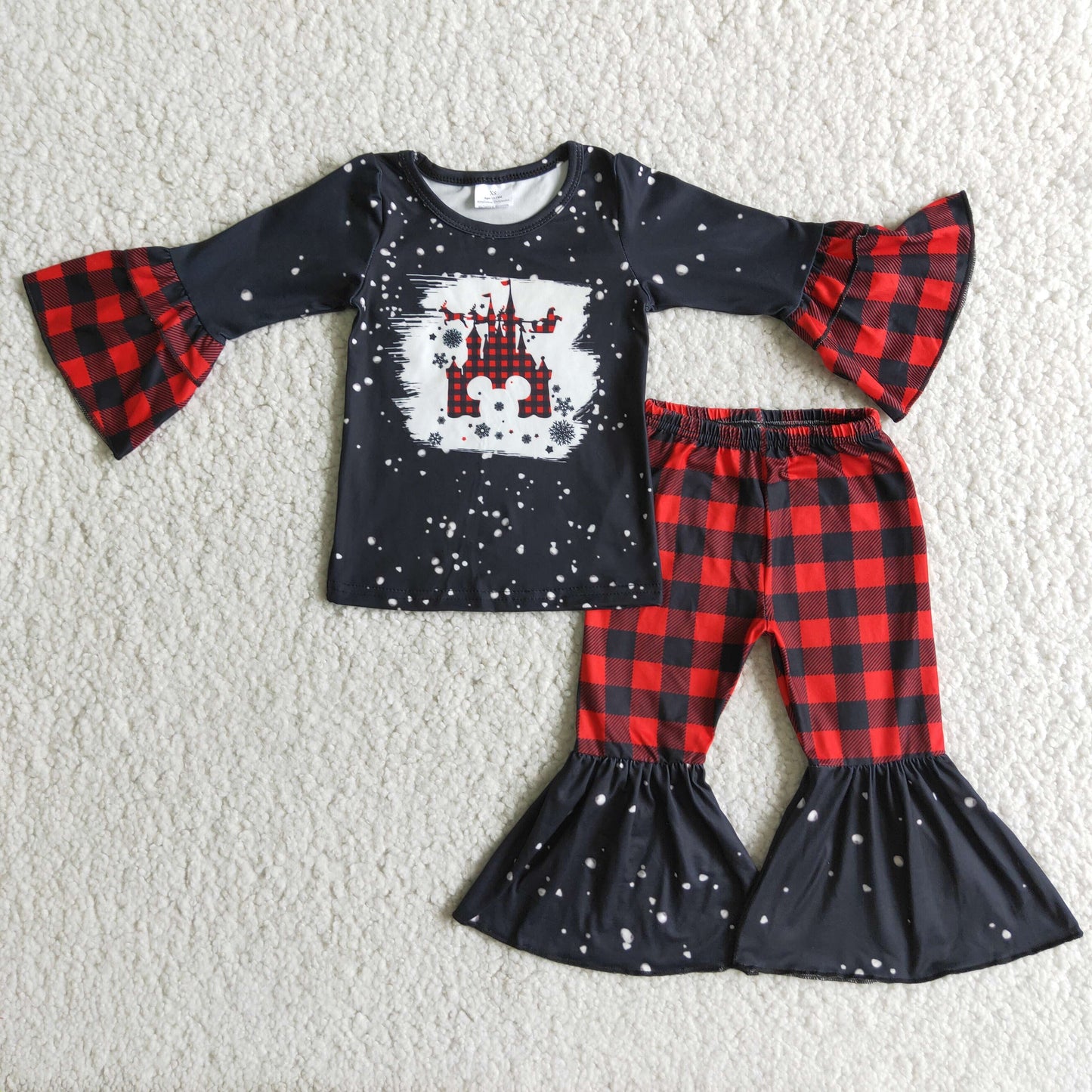 Castle screen print shirt plaid pants girls clothing set