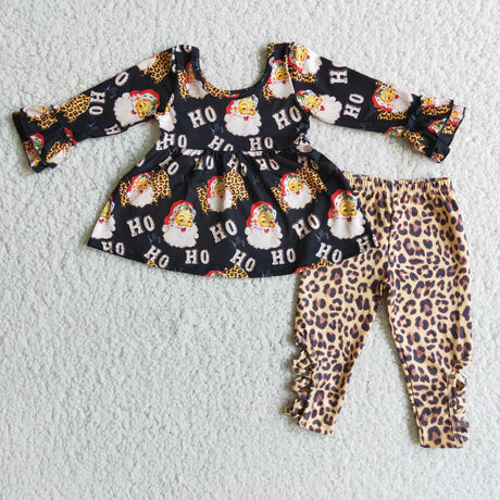 Ho ho ho santa tunic leopard criss cross leggings girls Christmas set