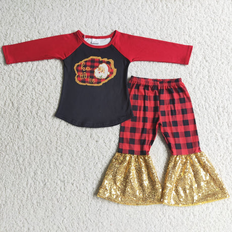 Ho ho ho santa shirt plaid bell bottom pants girls Christmas clothing