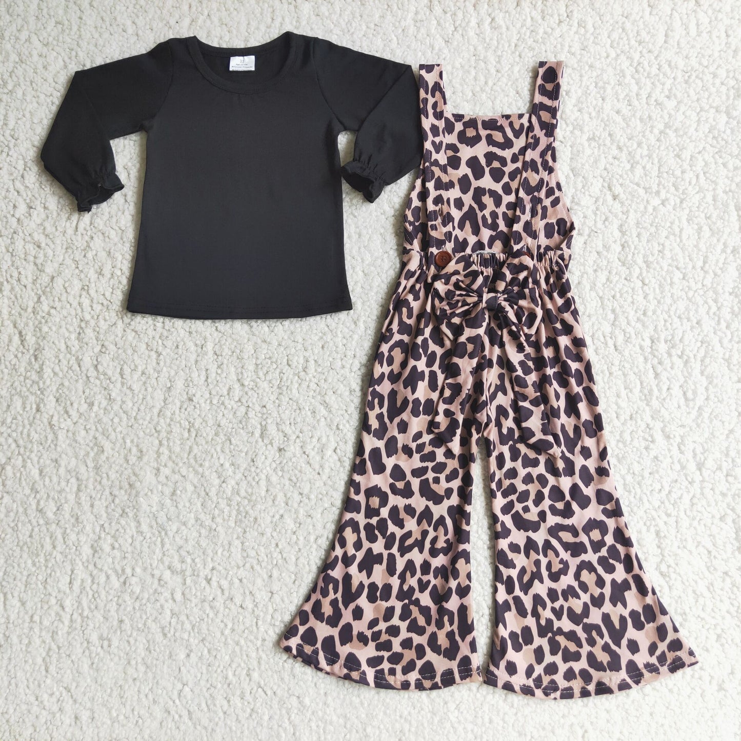 Black cotton shirt leopard print overalls girls clothing