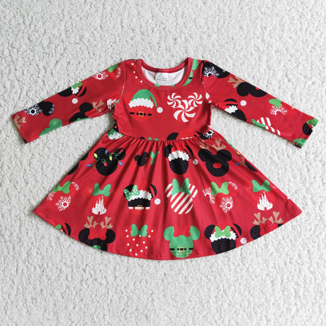 Red mouse long sleeve girls boutique Christmas twirl dresses