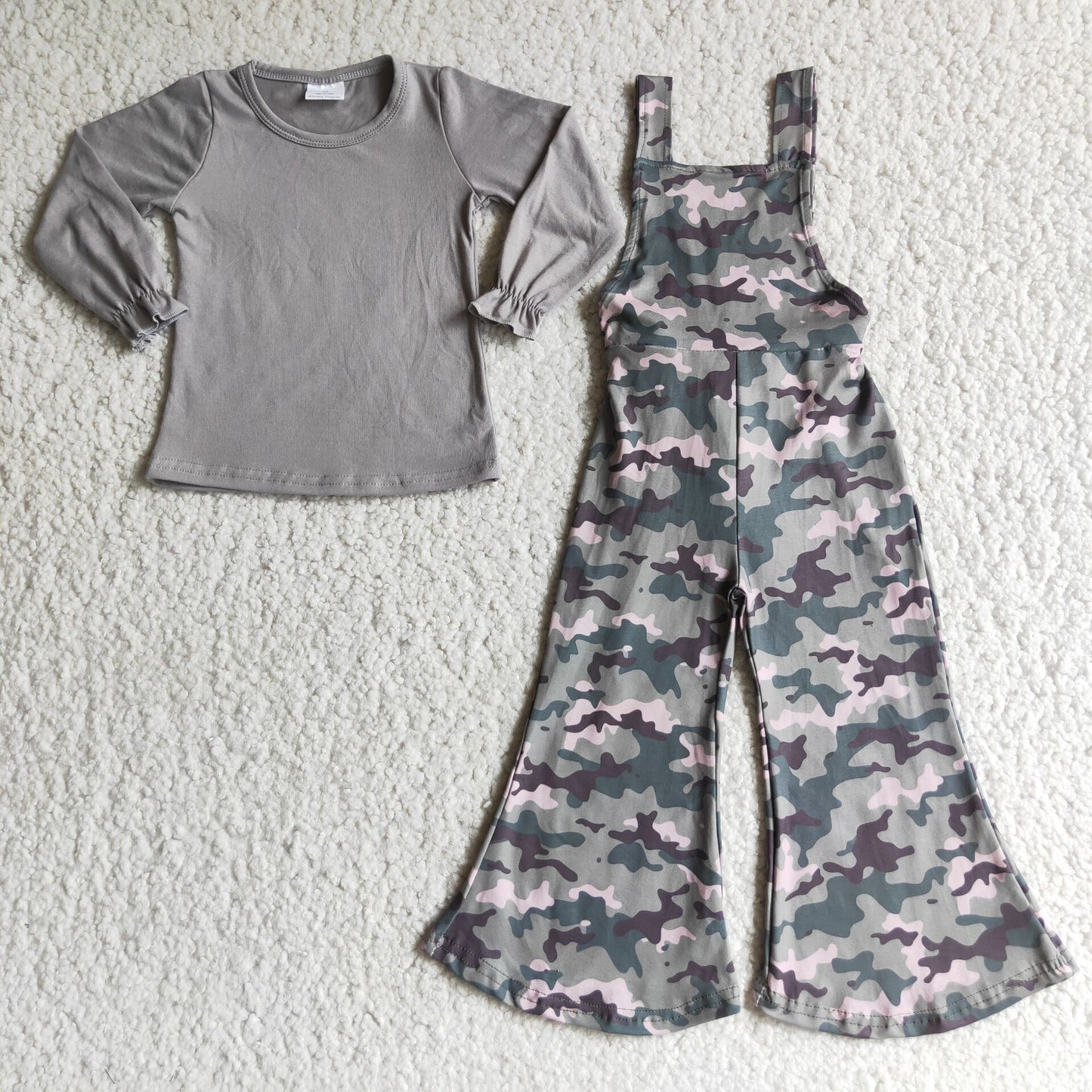 Grey cotton top camo overalls girls clothes
