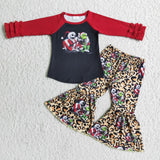 Red long sleeve green face shirt leopard pants girls Christmas outfits