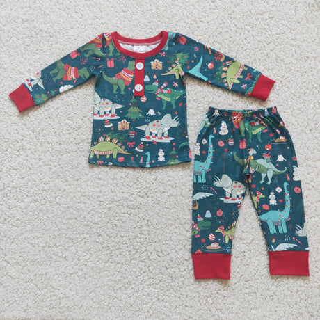 Dinosaur print long sleeve boy Christmas pajamas