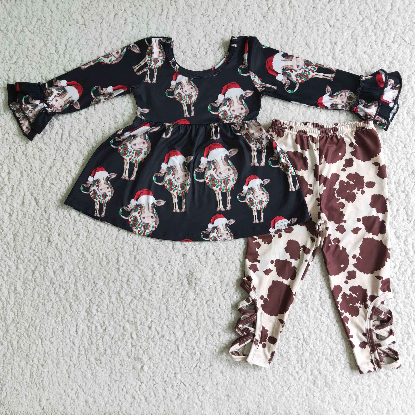 Cow print tunic criss cross leggings girls Christmas outfits
