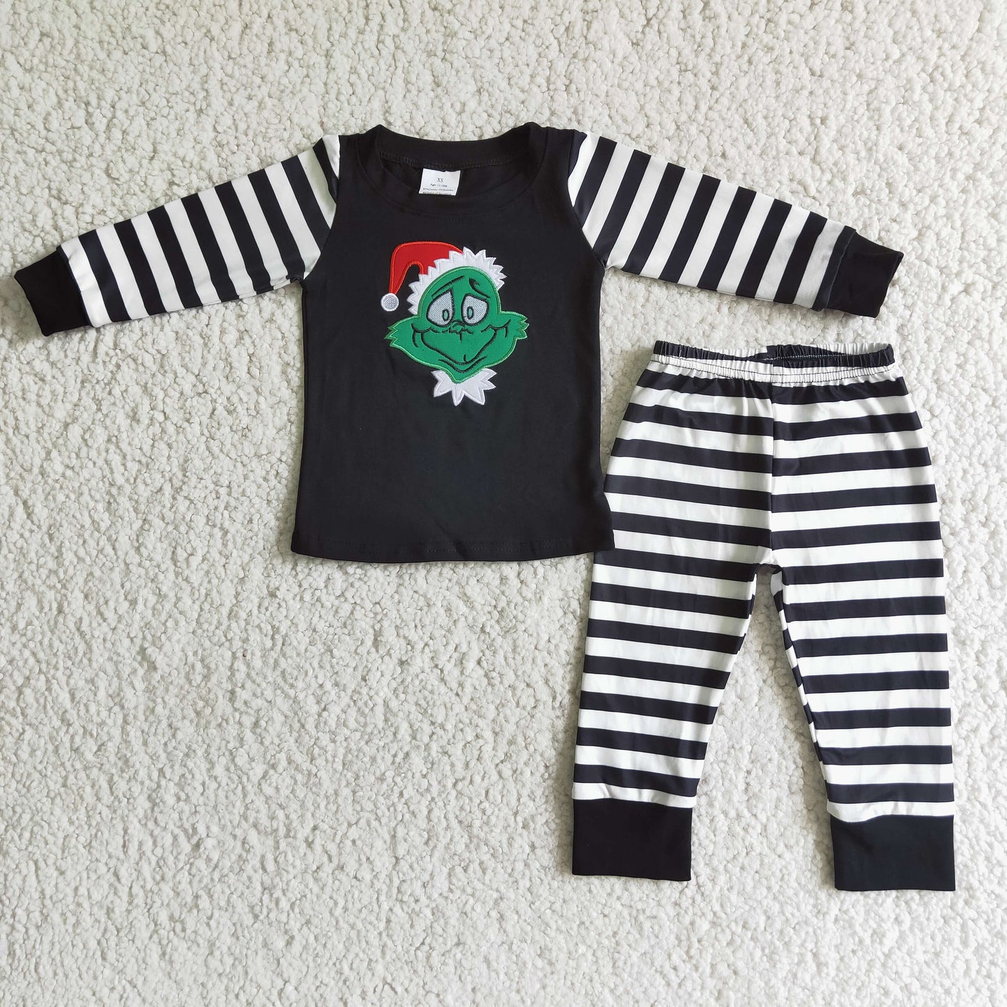 Christmas green face applique stripe boy sleep wear