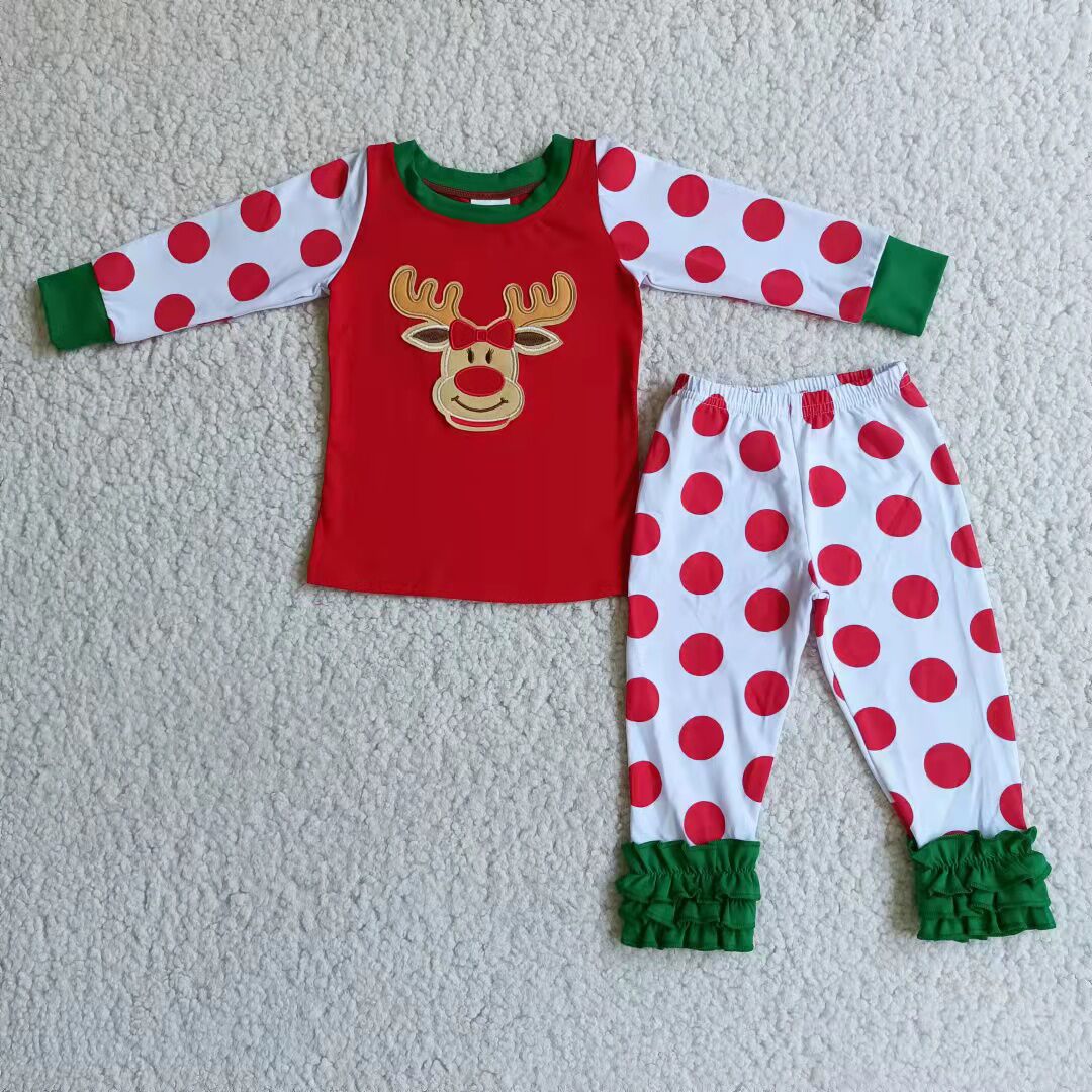 Reindeer embroidery polka dots cotton Christmas pajamas