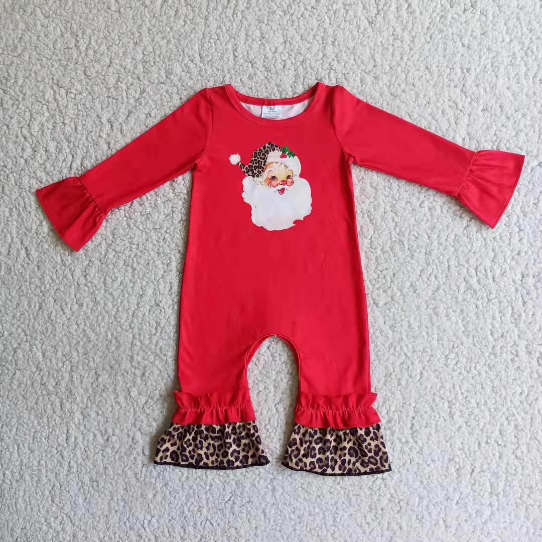 Santa print red leopard ruffle baby girl Christmas romper