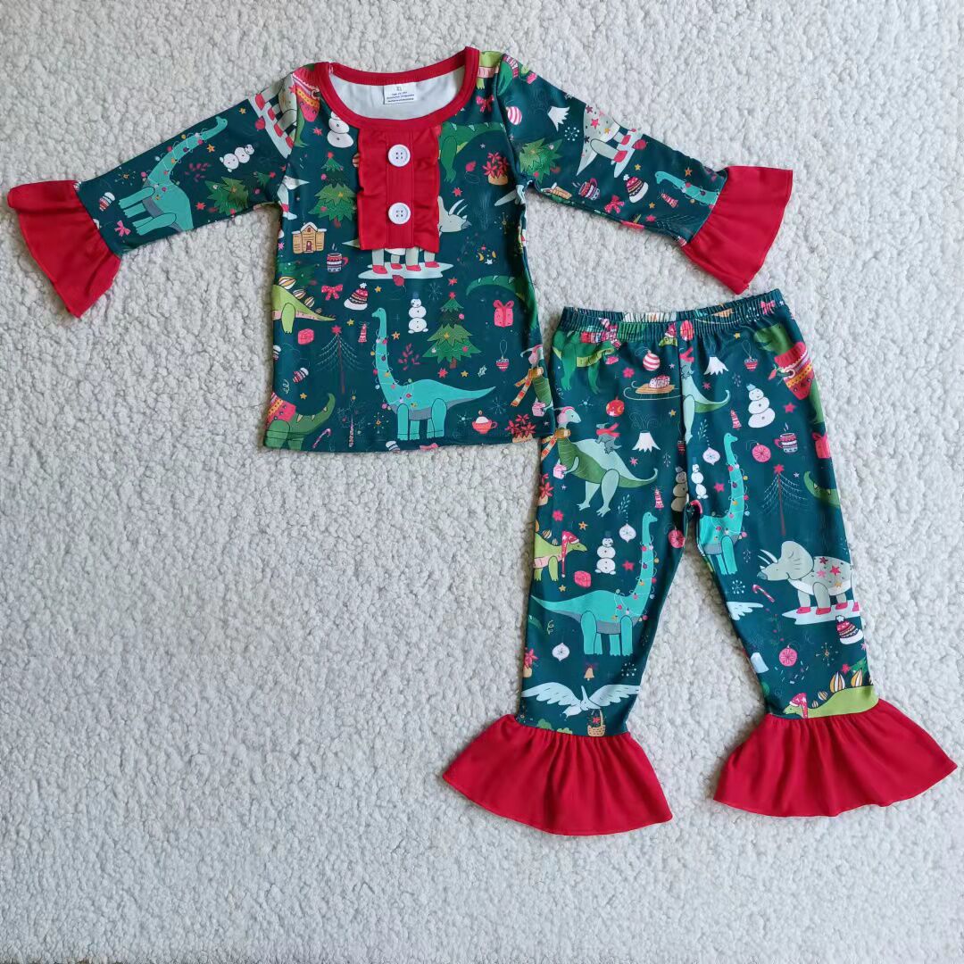 Dinosaur print ruffle cute girls Christmas pajamas