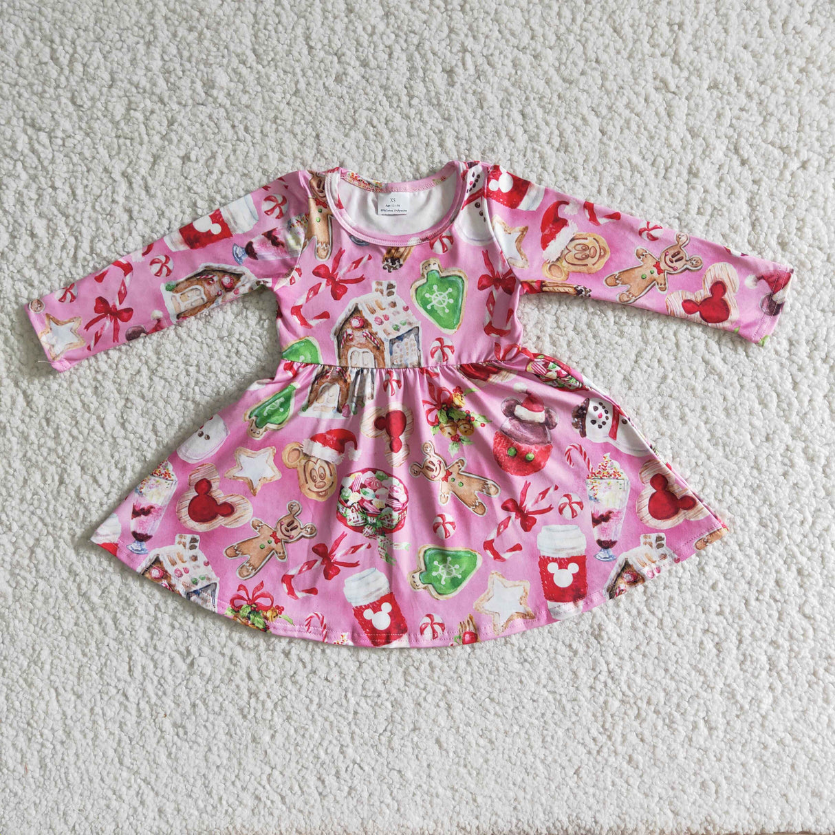 Pink gingerbread snack long sleeve girls Christmas twirl dresses