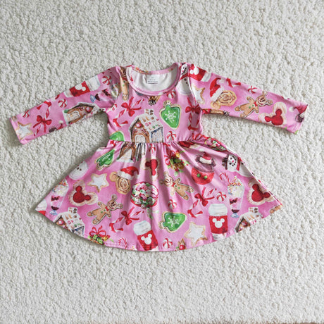 Pink gingerbread snack long sleeve girls Christmas twirl dresses