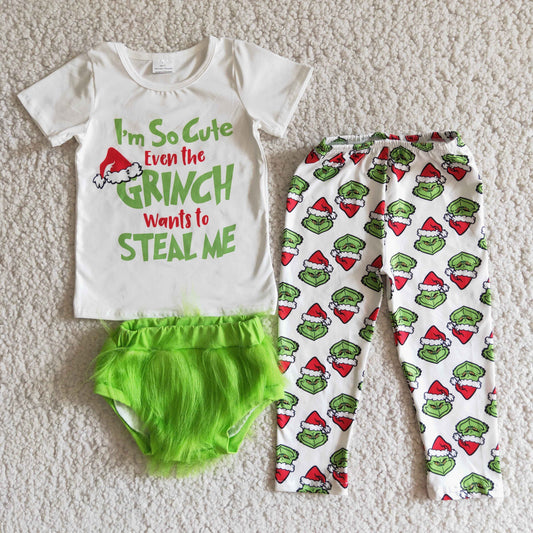 White short sleeve shirt green face leggings match bummies girls 3pcs Christmas clothing