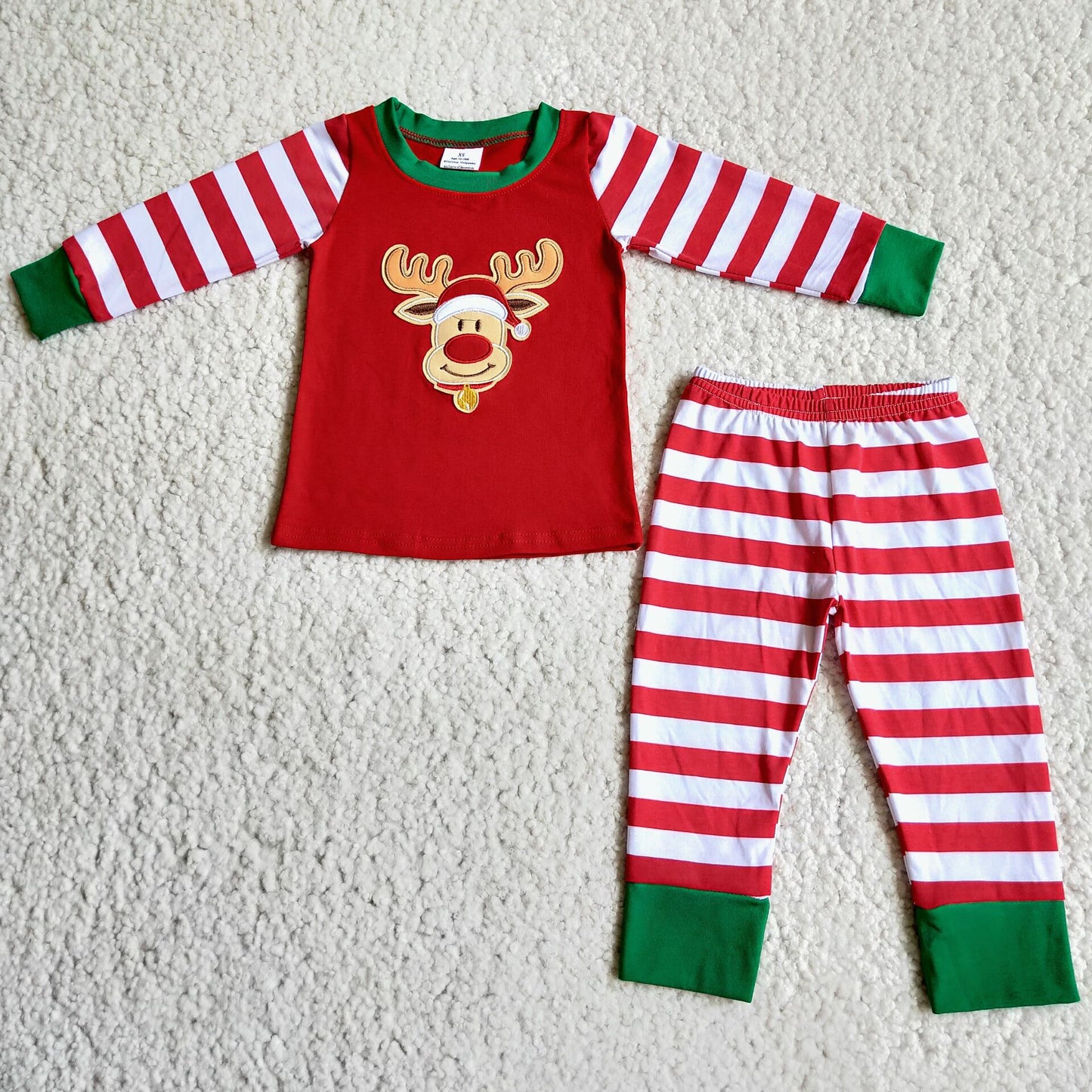 Reindeer applique stripe cotton Christmas boy pajamas