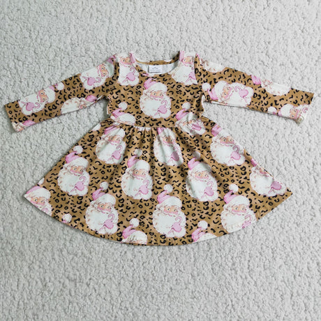 Santa leopard long sleeve girls Christmas dresses