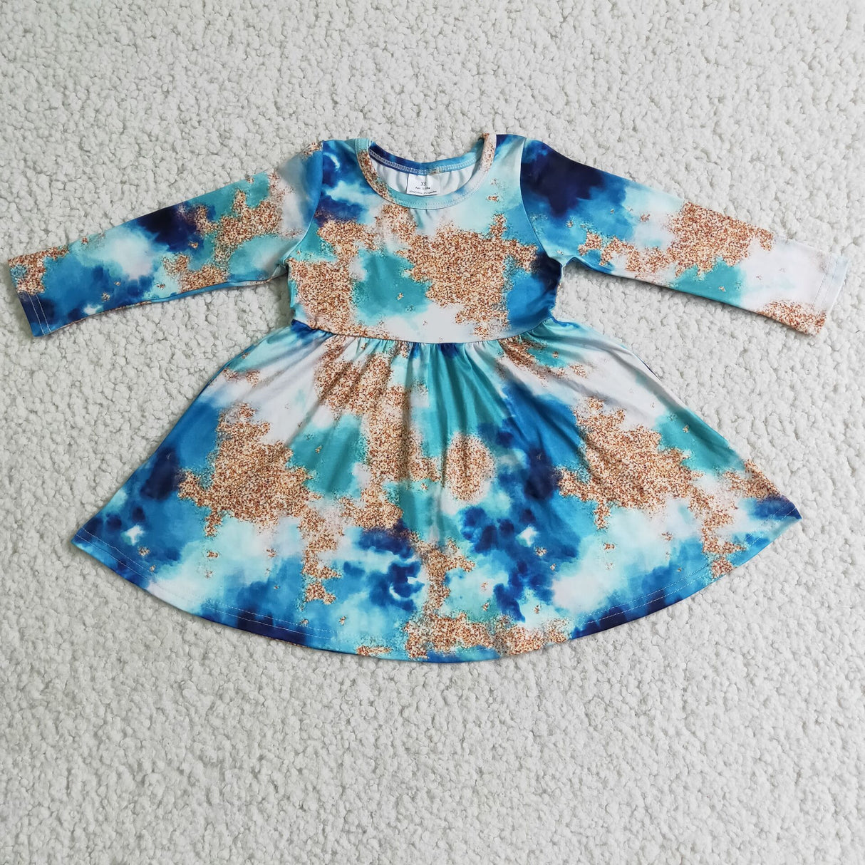 Long sleeve blue tie dye girls twirl dresses