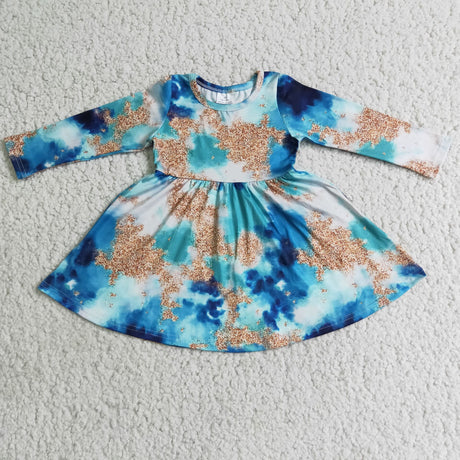 Long sleeve blue tie dye girls twirl dresses