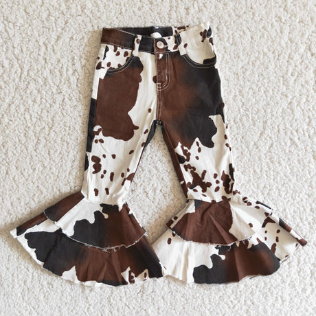 Cow print baby girls denim ruffle pants
