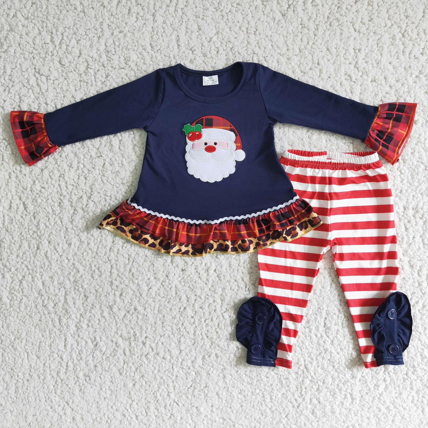 Navy cotton santa embroidery girls Christmas outfits
