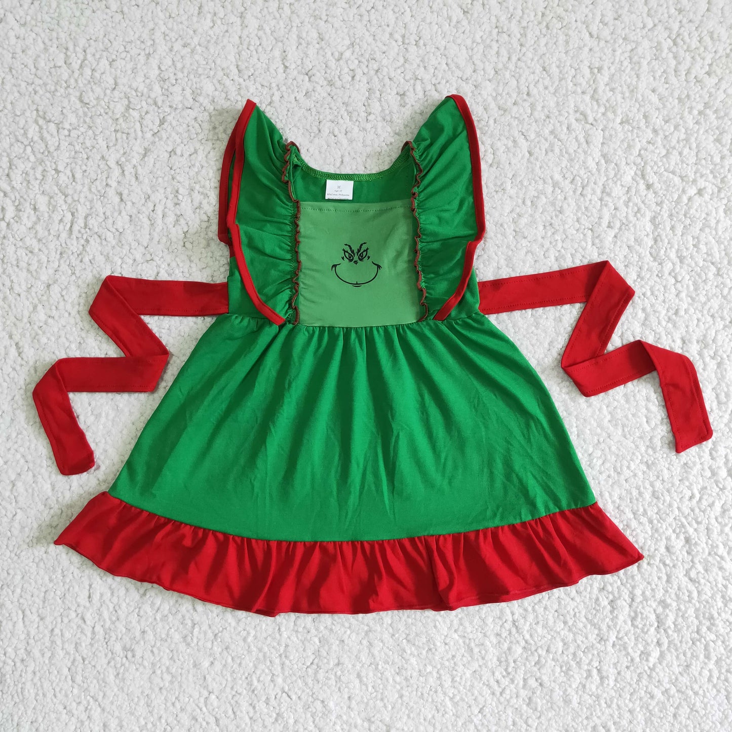 Green face solid flutter sleeve girls Christmas dresses