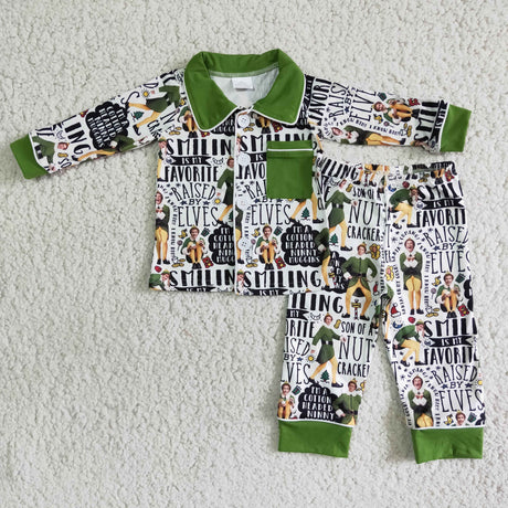 Green long sleeve pocket naughty and nice boy Christmas pajamas